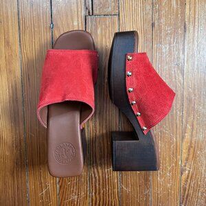 Penelope Chilvers Red Mules with Gold Accents